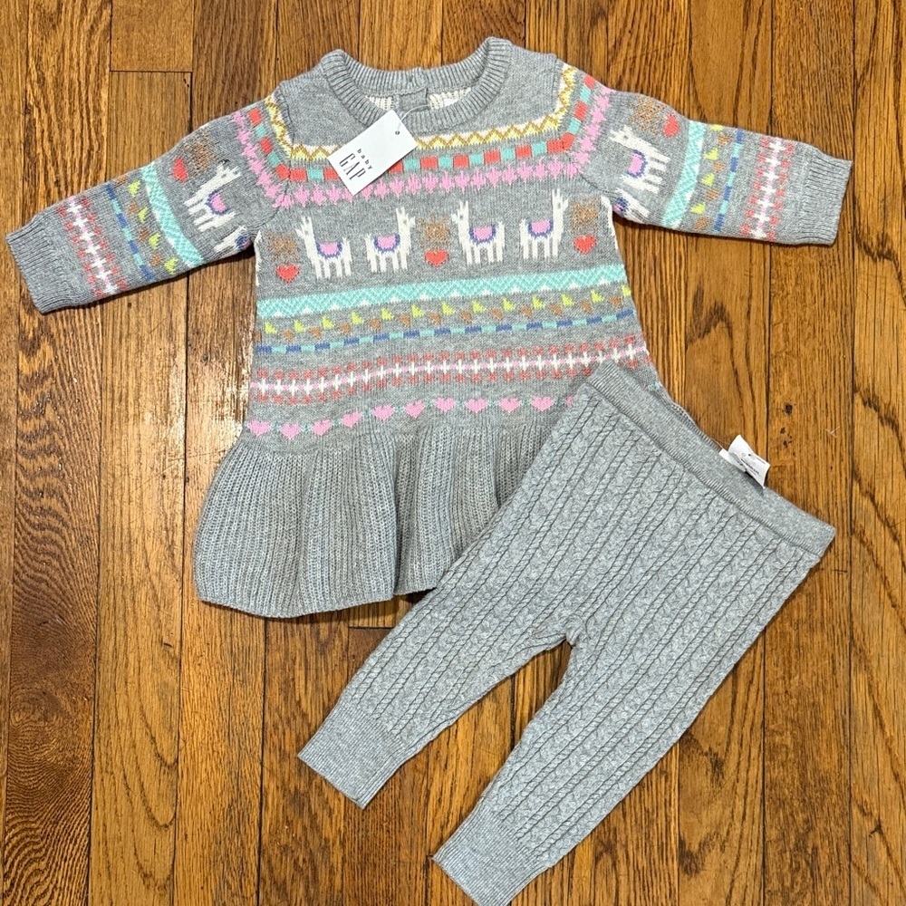 NWT GAP kids llama cotton holiday fair isle dress and cable knit legging set 3/6